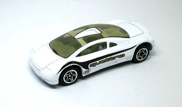 White toy car with black accents on a white background
