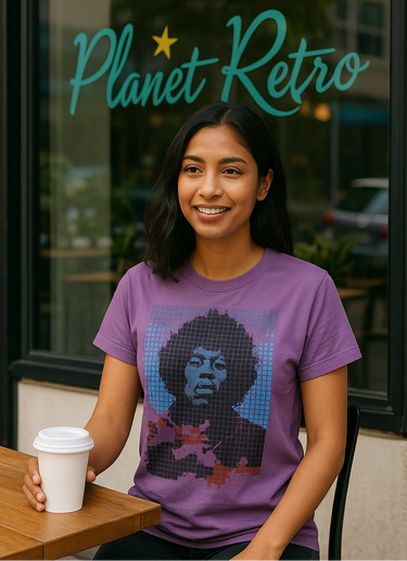 Woman sitting outside a store named 'Planet Retro' holding a coffee cup.