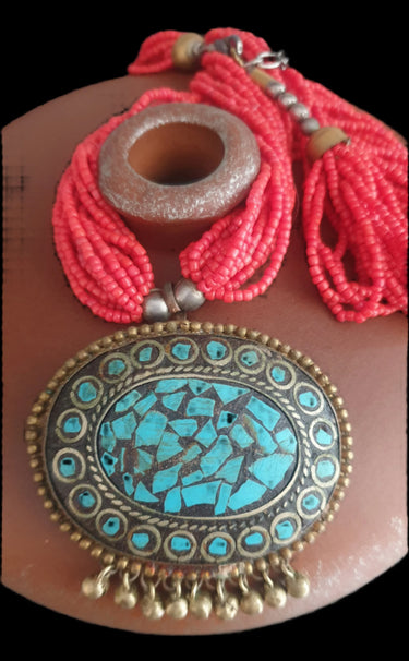 Vintage Nepali Coral Glass & Turquoise Tribal Necklace