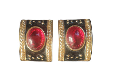 Gold tone earrings with red gemstones.  Planet Retro NZ