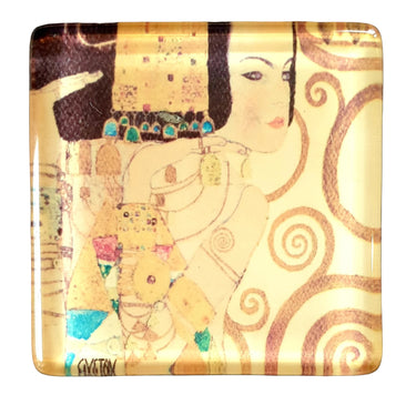 Decorative square pin brooch with artistic Gustav Klimt design of a dancing lady, featuring swirling patterns and jewelry.  New & vintage jewellery NZ at Planet Retro NZ