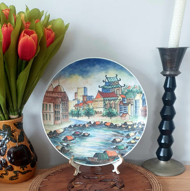 Vintage Hand Painted Singapore River Plate planet retro nz
