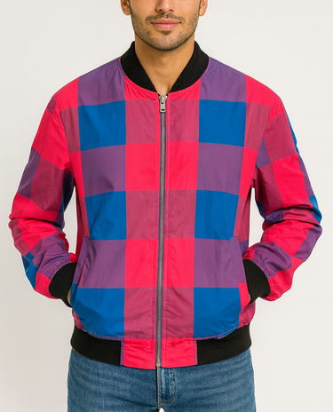 Man wearing a checkered jacket with red, blue, and purple squares on a white background