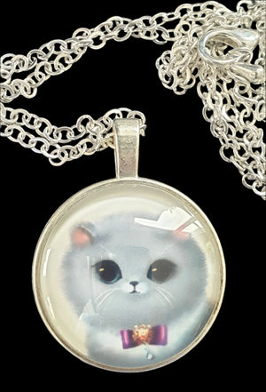 White Cat Dome Necklace New Vintage Planet Retro NZ