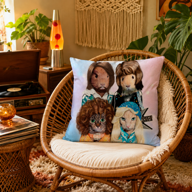 ABBA Animals cushion cover featuring four furry performers in retro music outfits