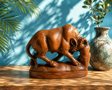 Vintage Hand-Carved Wooden Bull Sculpture