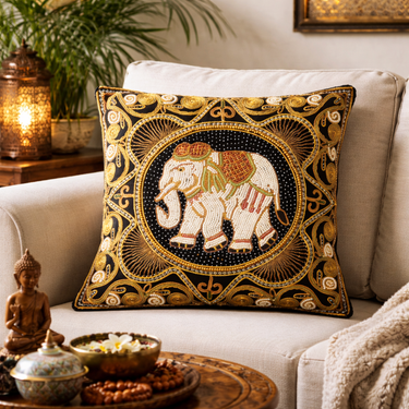 Vintage Thai Elephant Beaded Cushion Cover 41cm