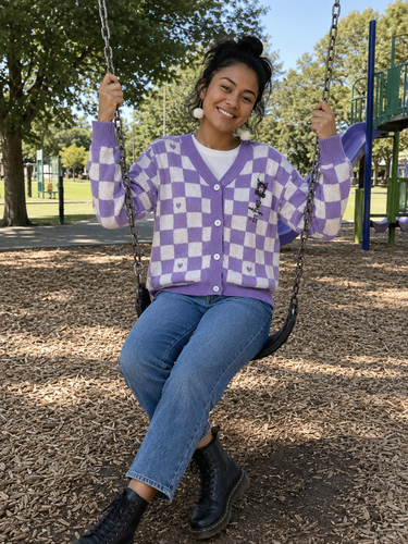 Kuromi Knit Cardigan – Purple & White (Med)