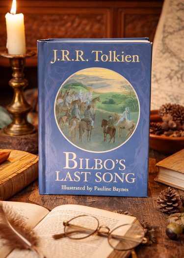 Book titled 'Bilbo's Last Song' by J.R.R. Tolkien on a wooden surface with candles and books in the background.