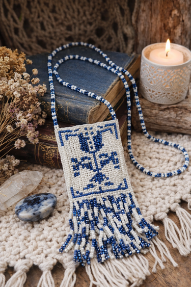 Blue and white seed bead amulet pouch necklace with tassel fringe