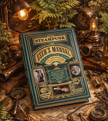 Book titled 'The Steampunk User's Manual' surrounded by vintage items on a wooden surface.