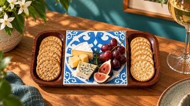 Brenda Bridget NZ retro mahogany serving platter styled with cheese, grapes, figs and crackers