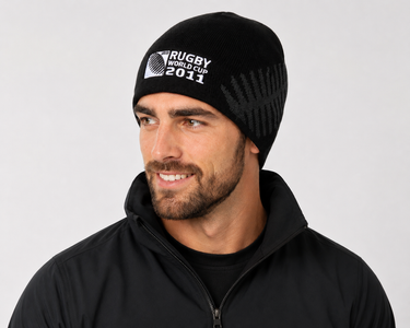 Official Rugby World Cup 2011 New Zealand black fleece-lined beanie with tournament logo and silver fern design