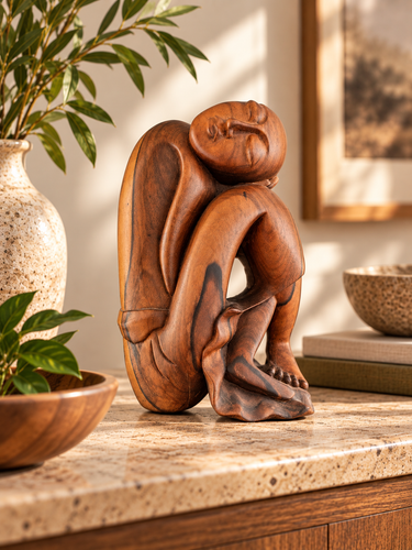 Carved suar wood resting man sculpture styled on a stone console with pottery and leafy plants in a warm neutral interior