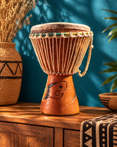 Carved wooden djembe drum displayed against a teal wall with dappled sunlight, woven baskets and African-inspired textiles