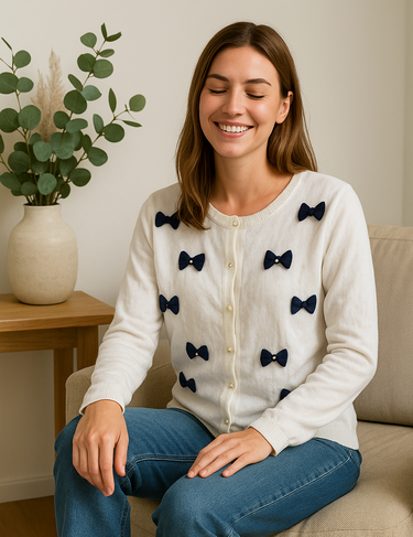 Woman wearing a white sweater with black bow patterns, sitting on a couch in a cozy room.