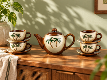 1990s coconut palm ceramic tea set styled on a wooden cabinet with dappled light and a pale green wall