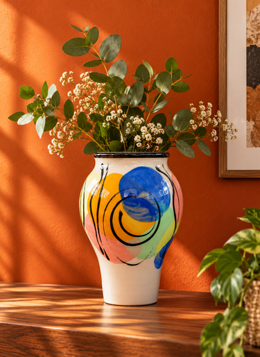Cooks Pottery Nelson abstract ceramic vase with eucalyptus against a burnt orange wall