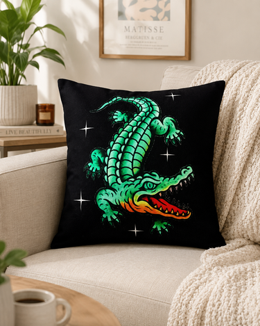 Lu Lu Deluxe Crocodile Tattoo cushion cover with green crocodile artwork on black fabric