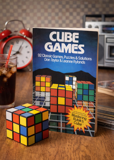 Rubik's Cube and 'Cube Games' book on a wooden surface with a clock in the background