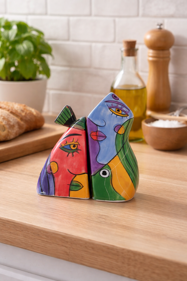 Cubist-style ceramic salt and pepper set featuring colourful abstract faces, late 20th century design.