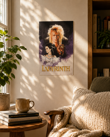 David Bowie Labyrinth A3 art print featuring Jareth, Sarah and Ludo in a fantasy movie poster style design.