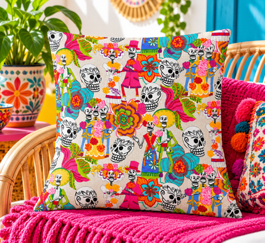 Día de los Muertos Fiesta handmade cushion cover styled in a colourful interior