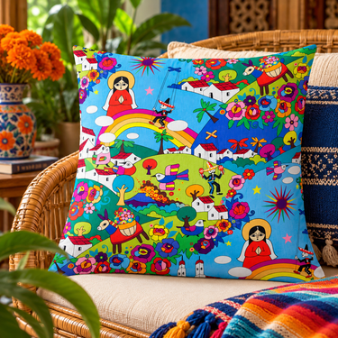Día de los Muertos Folk Art handmade cushion cover styled on a rattan chair with colourful textiles and marigolds