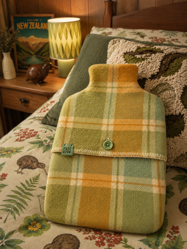 Vintage NZ Wool Hot Water Bottle Cover - Green Check