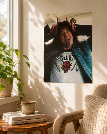 Eddie Hellfire Club Stranger Things A3 art print featuring Eddie Munson pulling a playful face while wearing a Hellfire Club shirt.