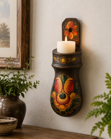 Vintage Hand Painted Wooden Wall Candle Holder