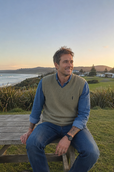Fairway Outfitters olive green cable knit vest styled over a blue denim shirt