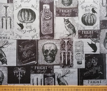 Fright Night - Skulls Ravens & Pumpkins cotton fabric detail 2 at Planet Retro NZ
