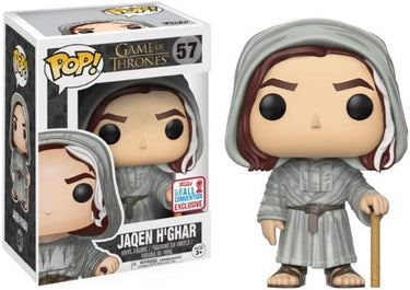 A Funko Pop vinyl figure of Jaqen H'Ghar from Game of Thrones, wearing a grey robe and holding a staff. The figure is displayed in its packaging, which is stickered with 'Game of Thrones' and the number '57'.