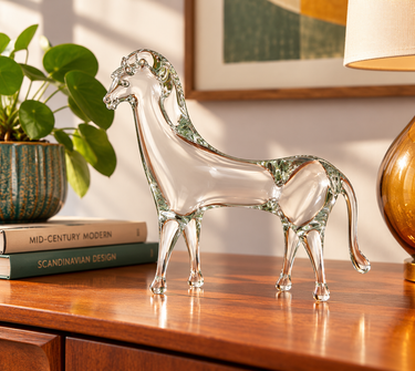 AI styled lifestyle image of clear glass horse figurine displayed on a mid-century wooden sideboard