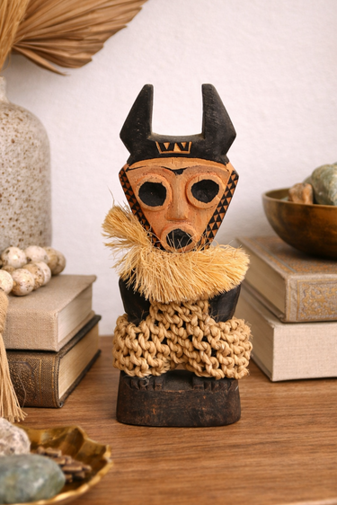 hand carved african cattle god figure wooden tribal decor textured fibre detail 20cm