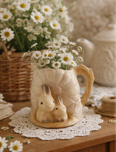 Mid-century Hornsea rabbit posy holder vase from the 1960s with warm beige glaze