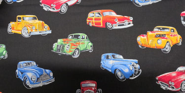 Hot Rods Classic Cars Black Cotton Fabric