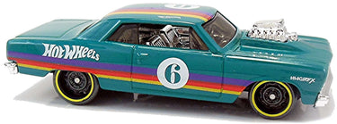 A diecast model of a '64 Chevy Chevelle SS with purple, red, and yellow stripes, white circles with '6', and the Hot Wheels logo.