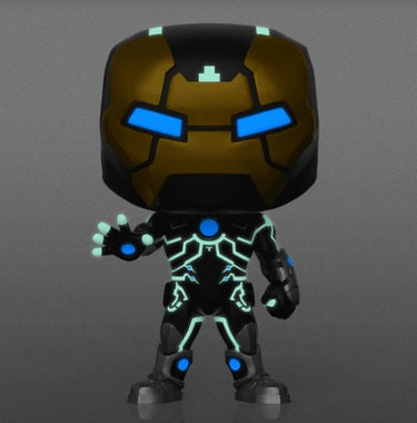 Glowing Funko Iron Man 555 figure with black and blue design on a gray background