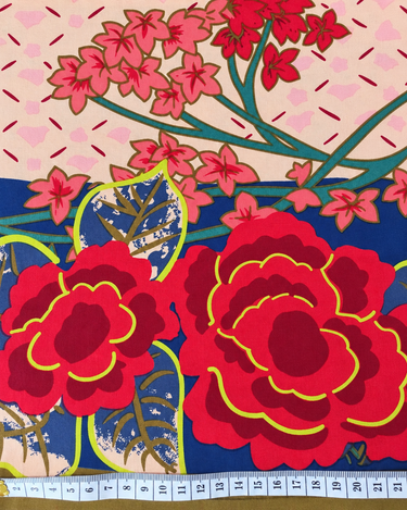 Smoothed close-up of Japanese garden floral cotton poplin with red flowers and pink blossoms