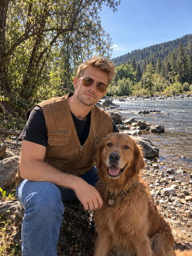 JC Collection brown leather utility vest XL styled with jeans and aviator sunglasses beside a dog at a river