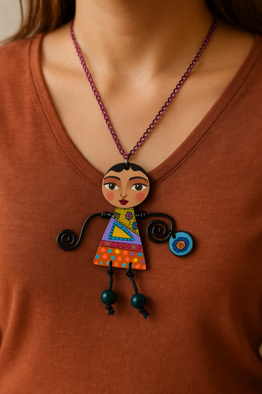 Colorful necklace with a character pendant on a brown shirt
