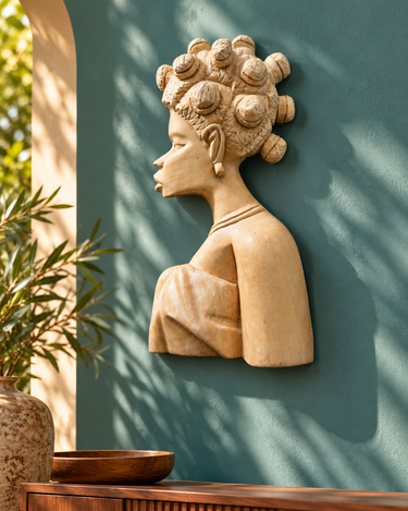 Hand-carved African-style female wall sculpture styled on a teal wall