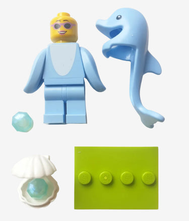 Lego dolphin minifigure from Animal Series 28 (71051) in grey with curved body shape displayed on a light grey background