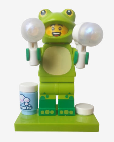 Lego frog minifigure from Animal Series 28 (71051) in green with simple moulded design displayed on a light grey background