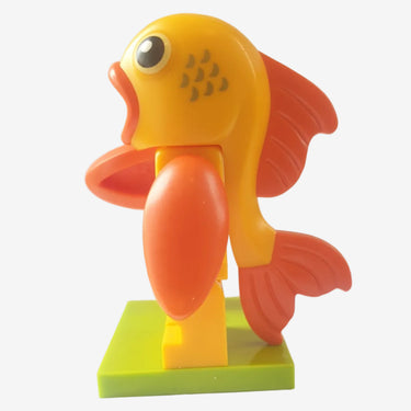 Lego goldfish minifigure from Animal Series 28 (71051) in orange with printed scale details displayed on a light grey background