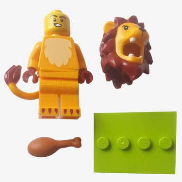 Lego lion minifigure from Animal Series 28 (71051) featuring tan lion figure with mane piece displayed on a light grey background
