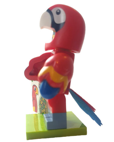 Lego parrot minifigure from Animal Series 28 (71051) featuring colourful bird with printed feather details displayed on a light grey background
