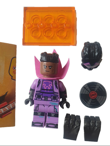 Lego Prowler minifigure from Spider-Verse series 71050 in purple and green suit with claw-style gauntlets displayed on a light grey background